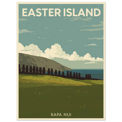 Närbild på en grafisk illustration av Påskön i mid-century stil med dämpade gröna och blå färgtoner.
