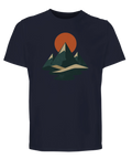 Minimalistisk naturillustration med orange sol på mörkblå t-shirt