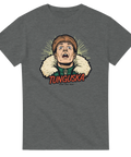Retro comic-illustration av chockad man vid Tunguska-händelsen på gråmelerad t-shirt