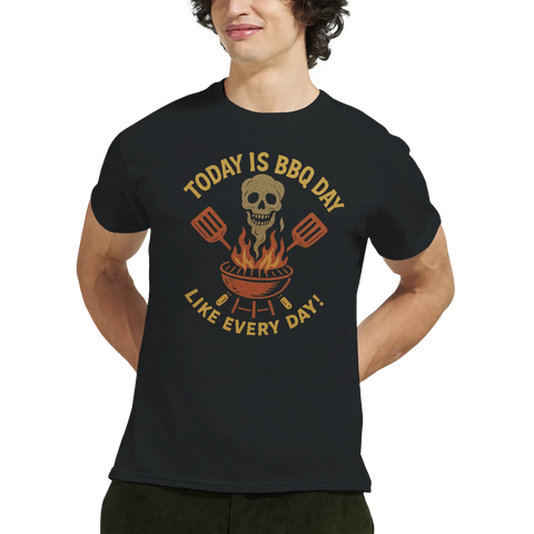 Man bär t-shirt med kaxig design för grillentusiaster i rockig stil