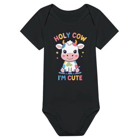 Tecknad färgglad ko med texten "Holy Cow I'm Cute" på svart babybody.