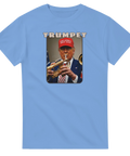 Satirisk illustration med Donald Trump och trumpet på en ljusblå t-shirt