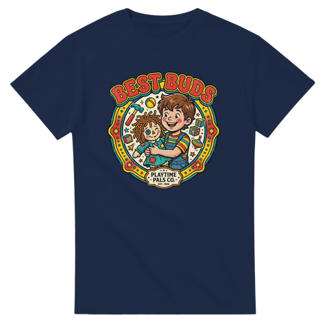 Best Buds retro-design med pojke, trasdocka & leksaker på marinblå t-shirt.