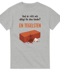 Svart humor citat med tegelstensmotiv i grafisk stil på grå t-shirt