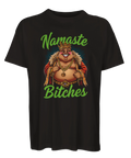 Absurd illustration av skrattande Buddha i kunglig skrud med satirisk text