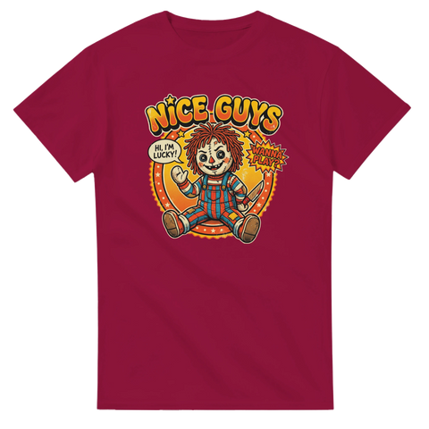 Vintage inspirerad horror-design med en elak leksaksdocka på vinröd t-shirt
