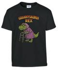 Grannysaurus Rex-tryck med dinosaurie i mormorskläder och rullator på svart barn t-shirt.
