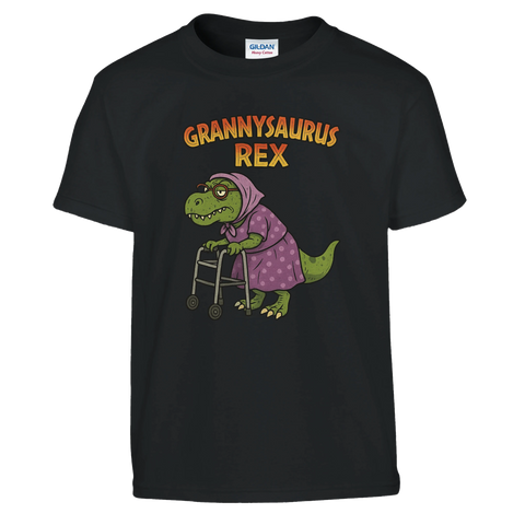 Grannysaurus Rex-tryck med dinosaurie i mormorskläder och rullator på svart barn t-shirt.