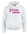 Vit hoodie med ironisk rosa textdesign i punkig stil