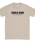 Sandfärgad t-shirt med statement-design som uppmanar till diskussion