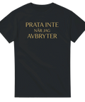 Kaxigt citat-tryck i guldskrift på en svart t-shirt med humor