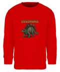 Cool Stegosaurus med solglasögon och "STEGOSAURUS" text på röd sweatshirt för barn.