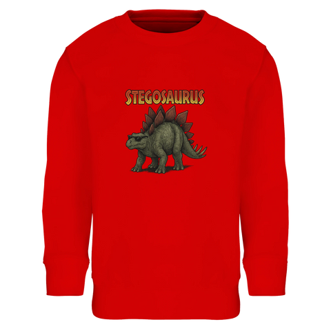 Cool Stegosaurus med solglasögon och "STEGOSAURUS" text på röd sweatshirt för barn.