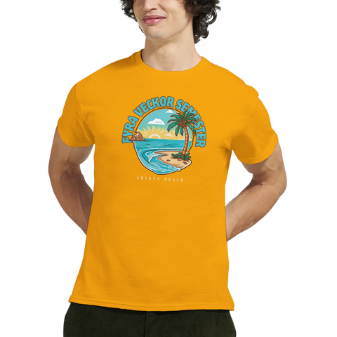 Fyra veckor semester" text med strand, palm, hav, solnedgång på gul t-shirt.