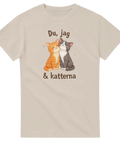 Kärleksfulla katter med text "Du, jag & katterna" på beige t-shirt.