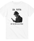 Satirisk illustration av detektiv med förstoringsglas – vit grafisk t-shirt