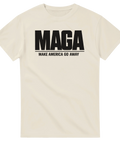 MAGA Make America Go Away" svart text på beige t-shirt, satirisk design.