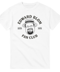 Edward Blom Fan Club-tryck med karikatyr av Blom i stråhatt, på vit T-shirt.
