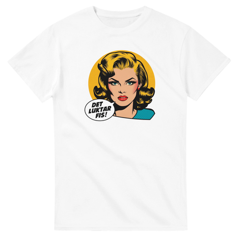 Retro pop art illustration av kvinna med pratbubbla Det luktar fis – vit t-shirt