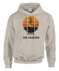 Retro illustration av en grill mot en orange solnedgång – hoodie för grillmästare