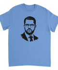 Modern grafisk tolkning av Jimmie Åkesson på en blå t-shirt