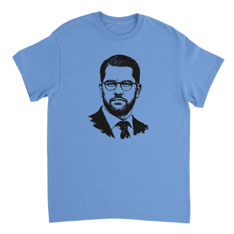 Modern grafisk tolkning av Jimmie Åkesson på en blå t-shirt