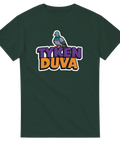 Grafisk illustration av en kaxig duva på mörkgrön t-shirt