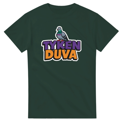 Grafisk illustration av en kaxig duva på mörkgrön t-shirt
