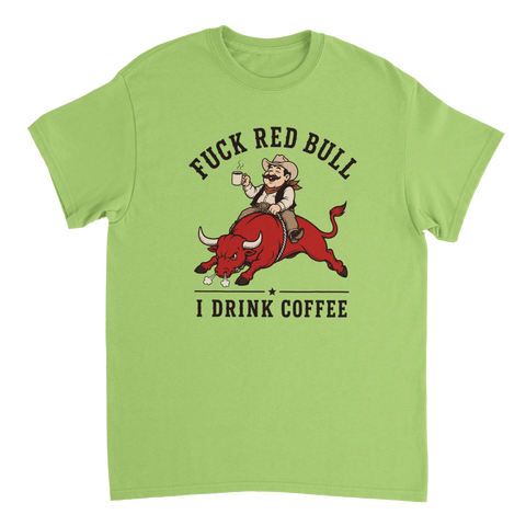 Satirisk illustration av cowboy med kaffekopp på tjur – t-shirt
