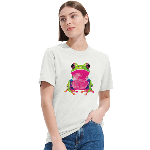 Färgglatt pop-art-tryck av en grön groda med rosa mage och ögon på en vit t-shirt.