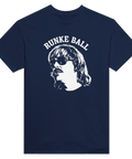 Kultförklarad raggardesign med nostalgisk illustration tryckt på marinblå t-shirt