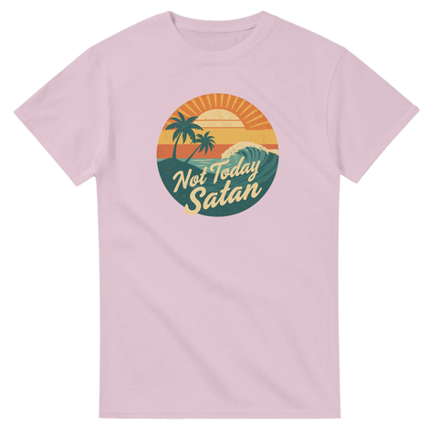 Not Today Satan" retro-tryck med palmer, solnedgång, våg på ljusrosa t-shirt.