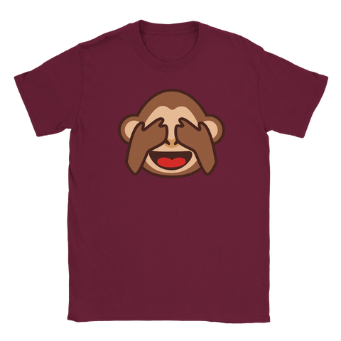 Vinröd t-shirt med ett lekfullt och självdistanserat ap-motiv