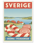 Närbild på en grafisk illustration av Gränna med fokus på detaljrika polkagrisar och traditionella röda hus.