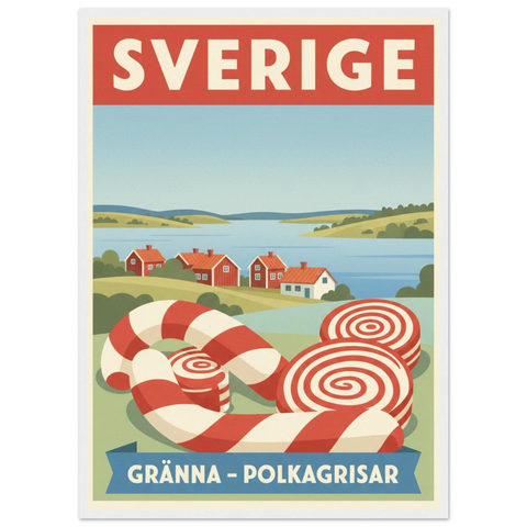 Närbild på en grafisk illustration av Gränna med fokus på detaljrika polkagrisar och traditionella röda hus.