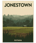 Närbild på en travel poster med motiv av ett stillsamt landskap i gröna toner under en beige himmel med texten JONESTOWN.