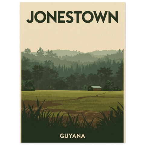Närbild på en travel poster med motiv av ett stillsamt landskap i gröna toner under en beige himmel med texten JONESTOWN.