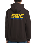 Retroinspirerat SWE-motiv med ränder på ryggen av en brun hoodie