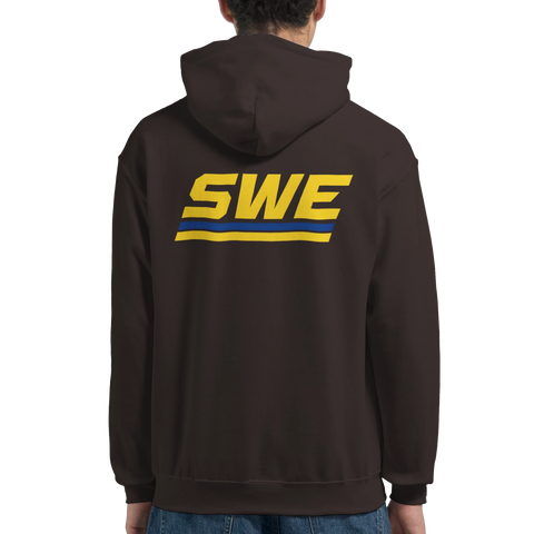 Retroinspirerat SWE-motiv med ränder på ryggen av en brun hoodie