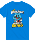 Självsäkert seriefigursmotiv med textbaserad design på blå t-shirt