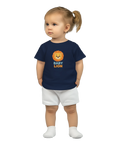 Tecknat gulligt lejonhuvud med text "BABY LION" på marinblå baby t-shirt.