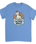 Ljusblå t-shirt med ironiskt Alpha Male tryck föreställande en söt enhörning