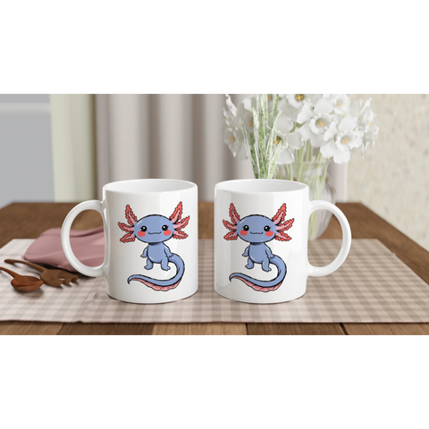 Mugg med en blå axolotl med rosa gälar.