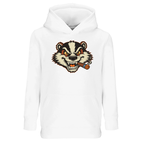 Billy Badger-tryck med arg grävling som röker cigarr på vit hoodie för barn.