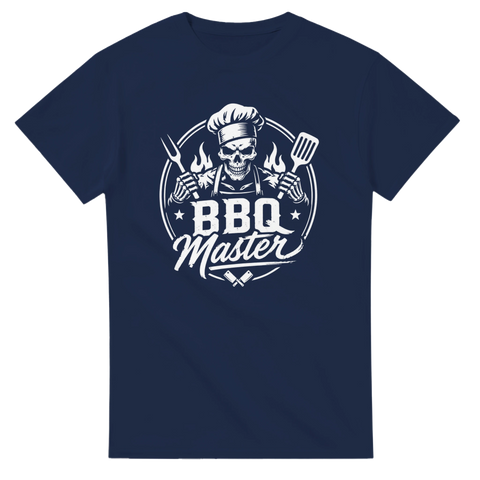 BBQ Master motiv med flammor och dödskalle på marinblå t-shirt