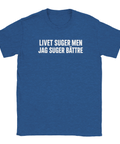 Minimalistiskt tryck med kaxigt budskap på blåmelerad t-shirt