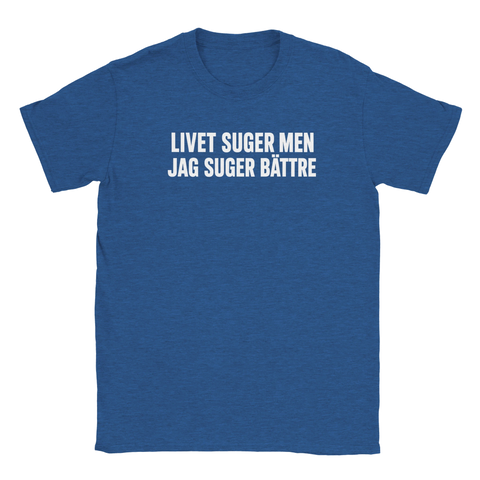 Minimalistiskt tryck med kaxigt budskap på blåmelerad t-shirt