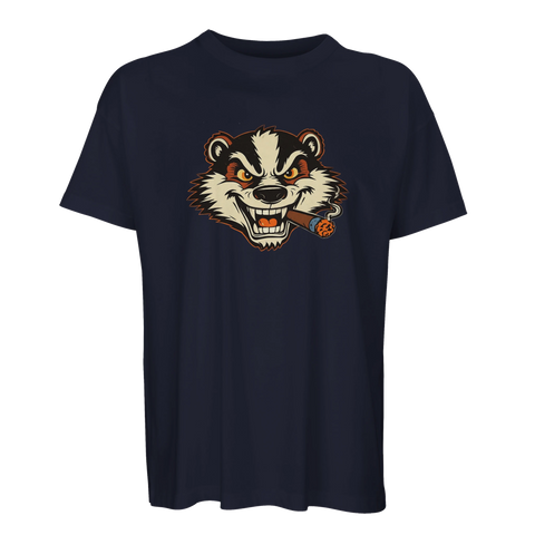 Marinblå oversized t-shirt med Billy Badger – arg grävling som röker cigarr