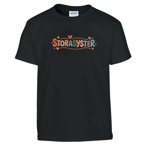 T-shirt med grafiskt storasyster-motiv i dämpade pastellfärger på svart tyg