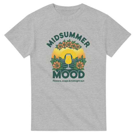 Grafiskt motiv med texten Midsummer Mood och blommor – grå t-shirt i klassisk stil